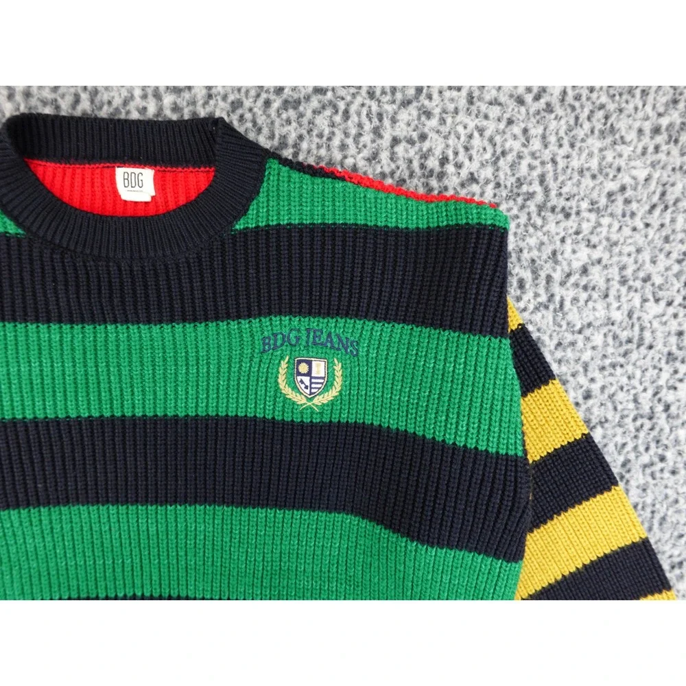 BDG Urban Outfitters Mens Striped Knit Sweater Medium Green Navy‎ Yellow Crest